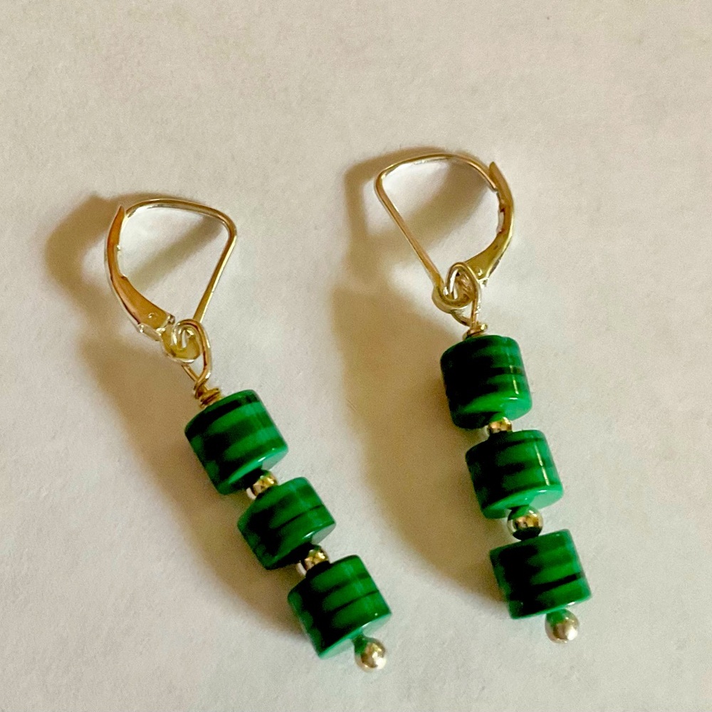 Elegant Vintage 925 Sterling Silver Tube Malachite Dangle Earrings